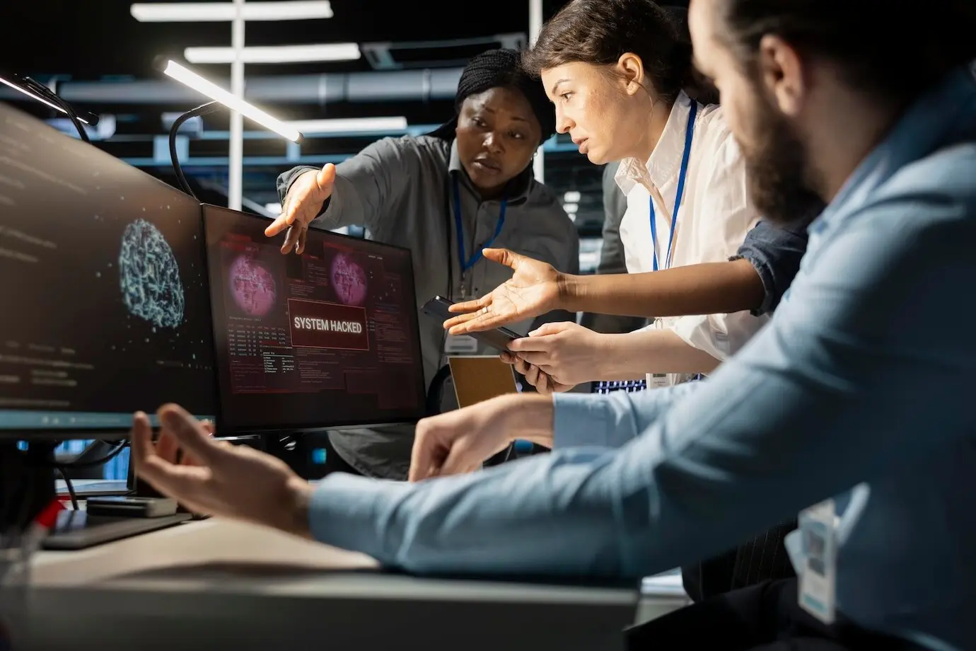 Программисты в дата-центре ИИ реагируют на предупреждение о вирусе, защищая критические системы.