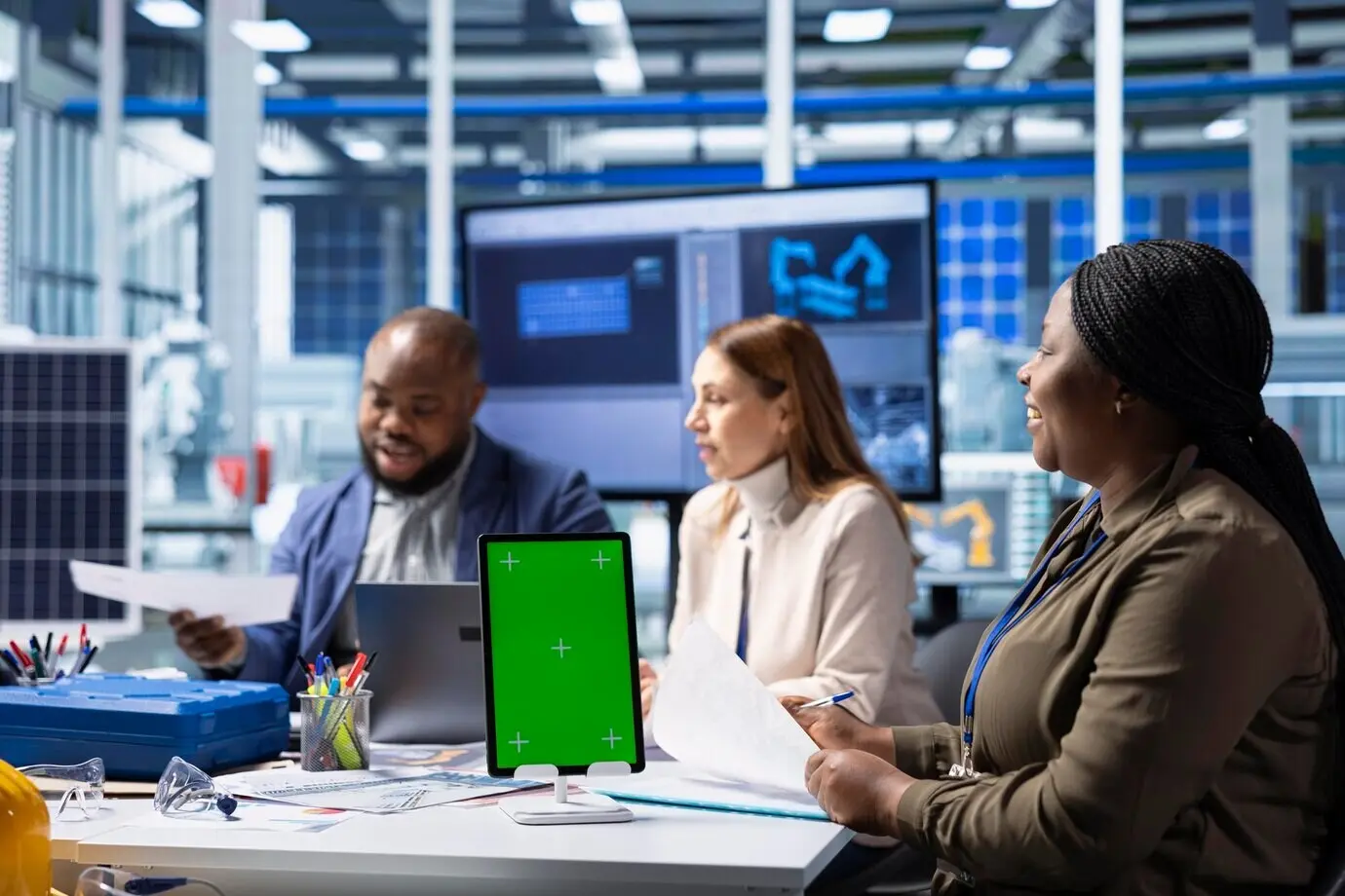 Техники фотовольтаического завода, использующие планшет с изолированным экраном для проведения исследований