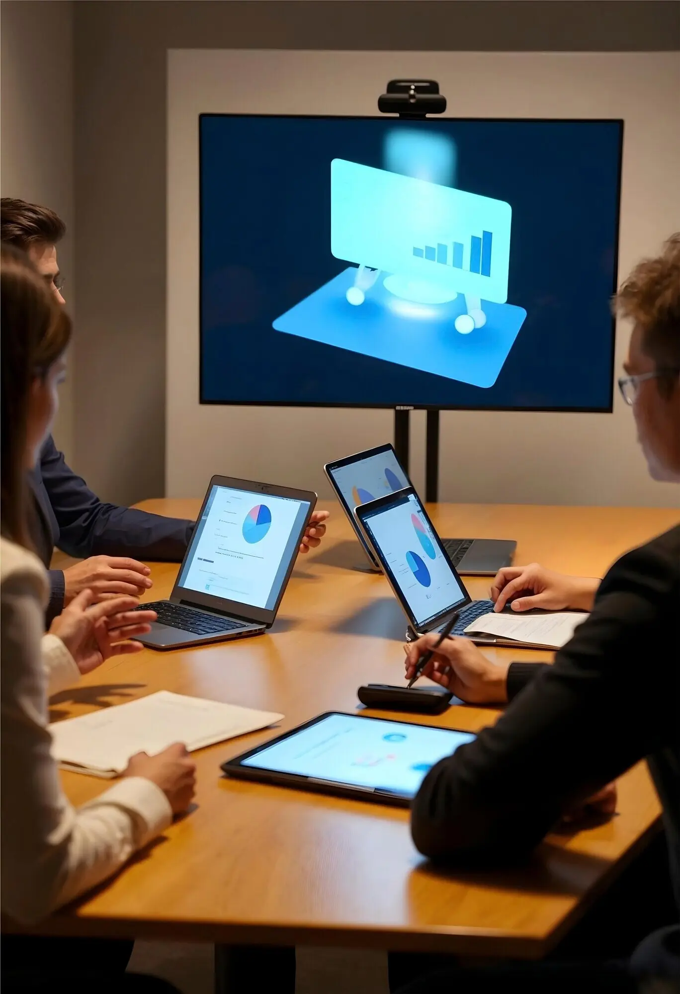 Представители бизнеса, работающие с устройствами, управляемыми ИИ.